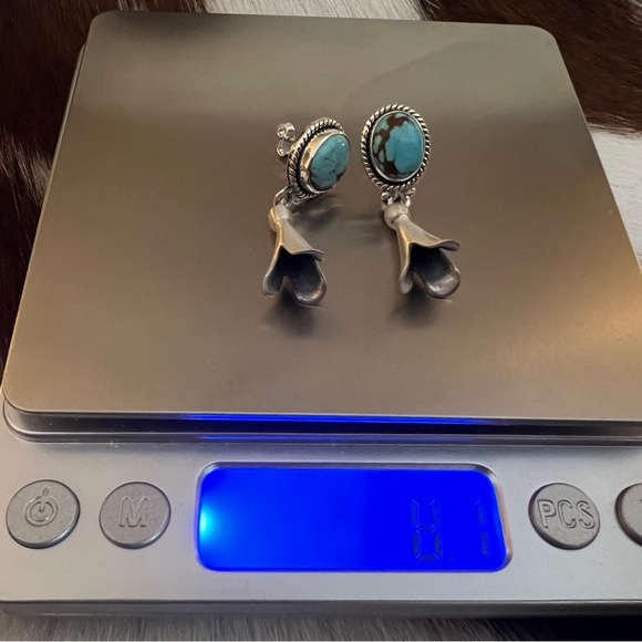 ❤️ #8 Turquoise Matte 925 Navajo Style Dangle Squash Blossom Earrings 1.41”L - Picture 8 of 11